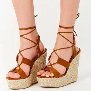 Liliana brown suede strappy espadrille wedges